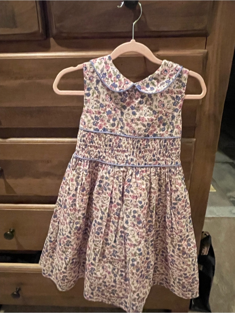Girls Floral Smocked Dress with Peter Pan Collar - Pink/Blue